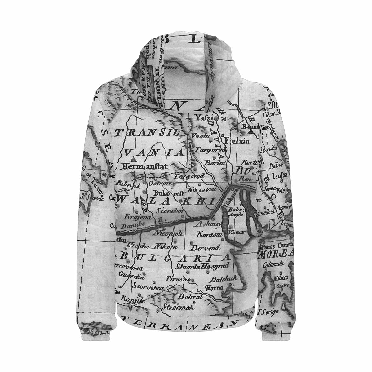 Antique Map design, mens lightweight, warm, quilted hooded bomber jacket, design, 20