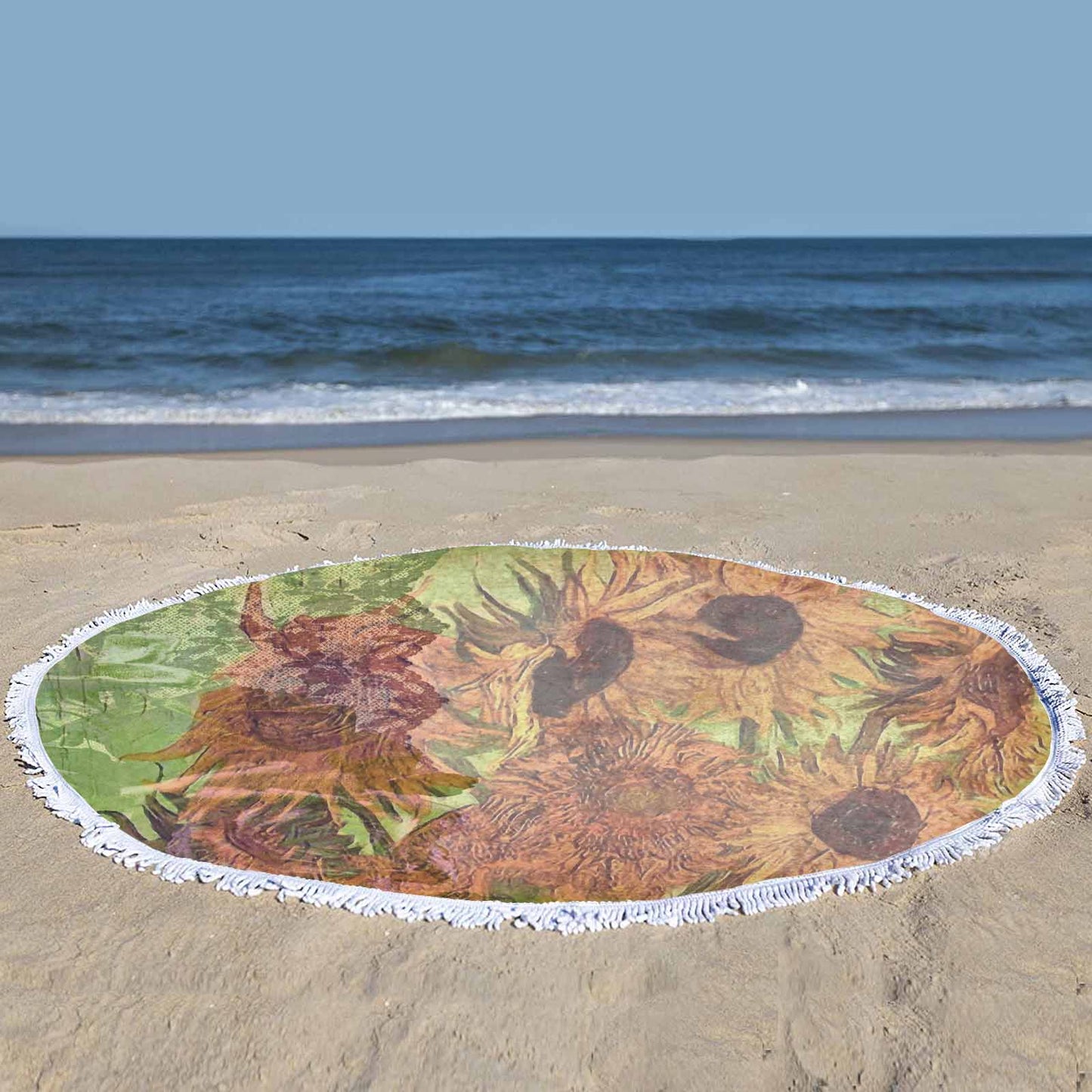 Vintage Floral circular plush beach towel, fringe edges, Design 48xx