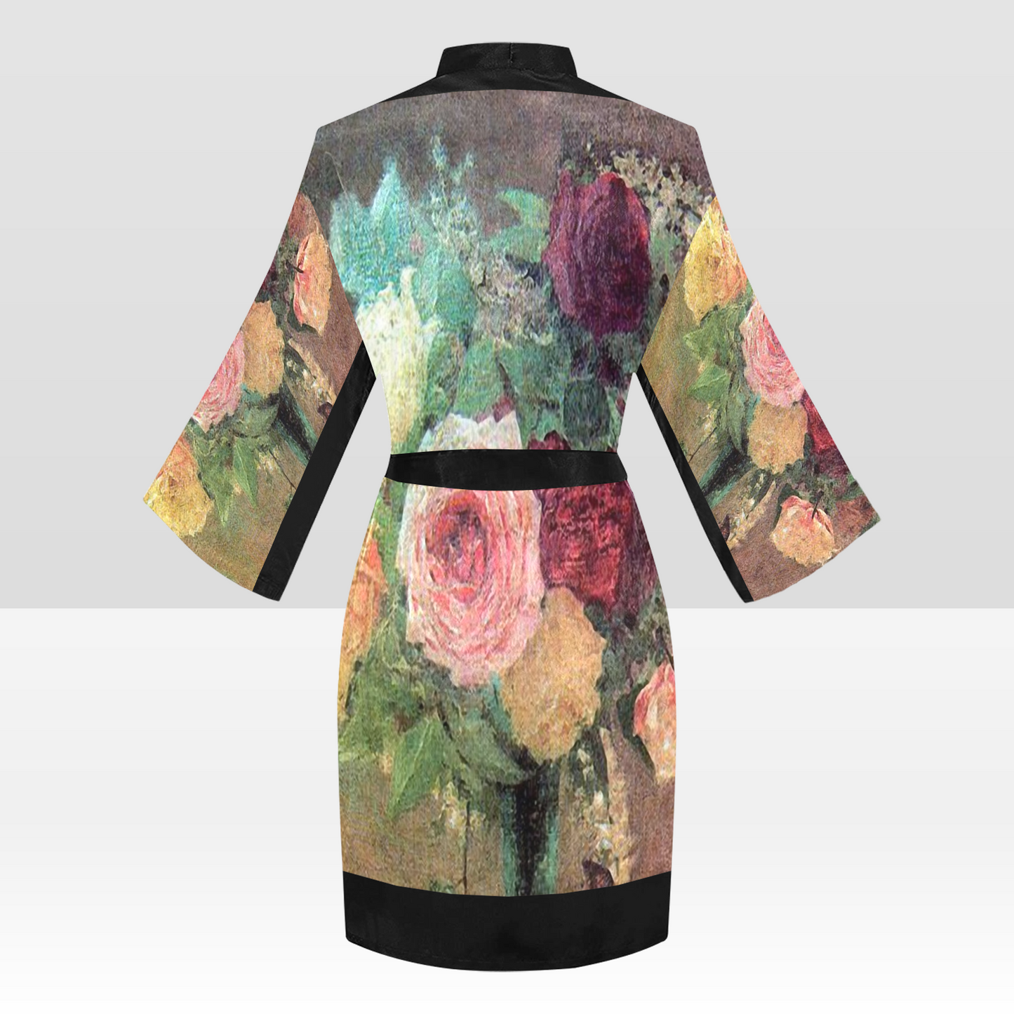 Vintage Floral Kimono Robe, Black or White Trim, Sizes XS to 2XL, Design 29