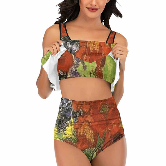 Vintage floral high waisted flounce top bikini, swim wear, Design 56