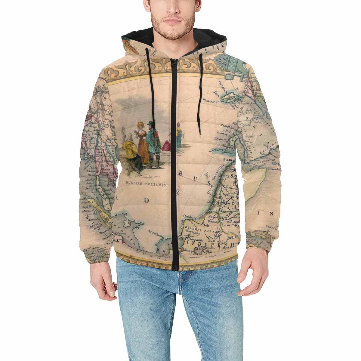 Antique Map design, mens lightweight, warm, quilted hooded bomber jacket, design, 37