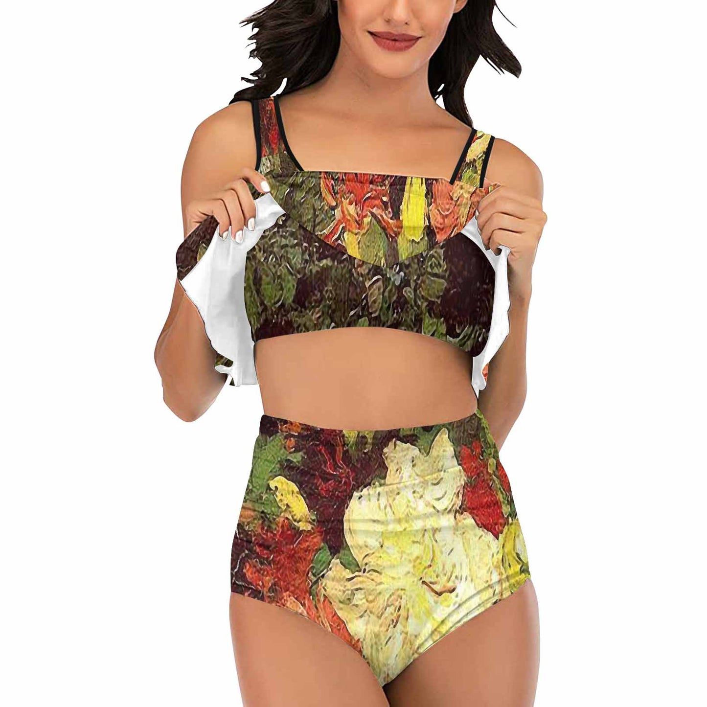 Vintage floral high waisted flounce top bikini, swim wear, Design 33