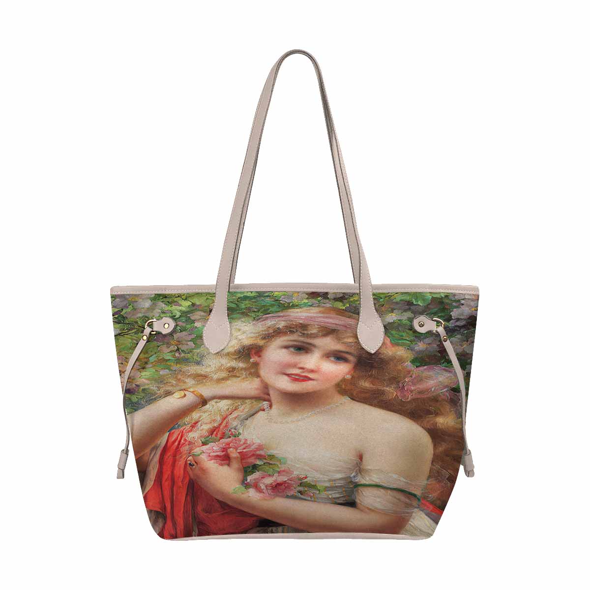 Victorian Lady Design Handbag, Model 1695361, Young Lady With Roses, BEIGE/TAN TRIM
