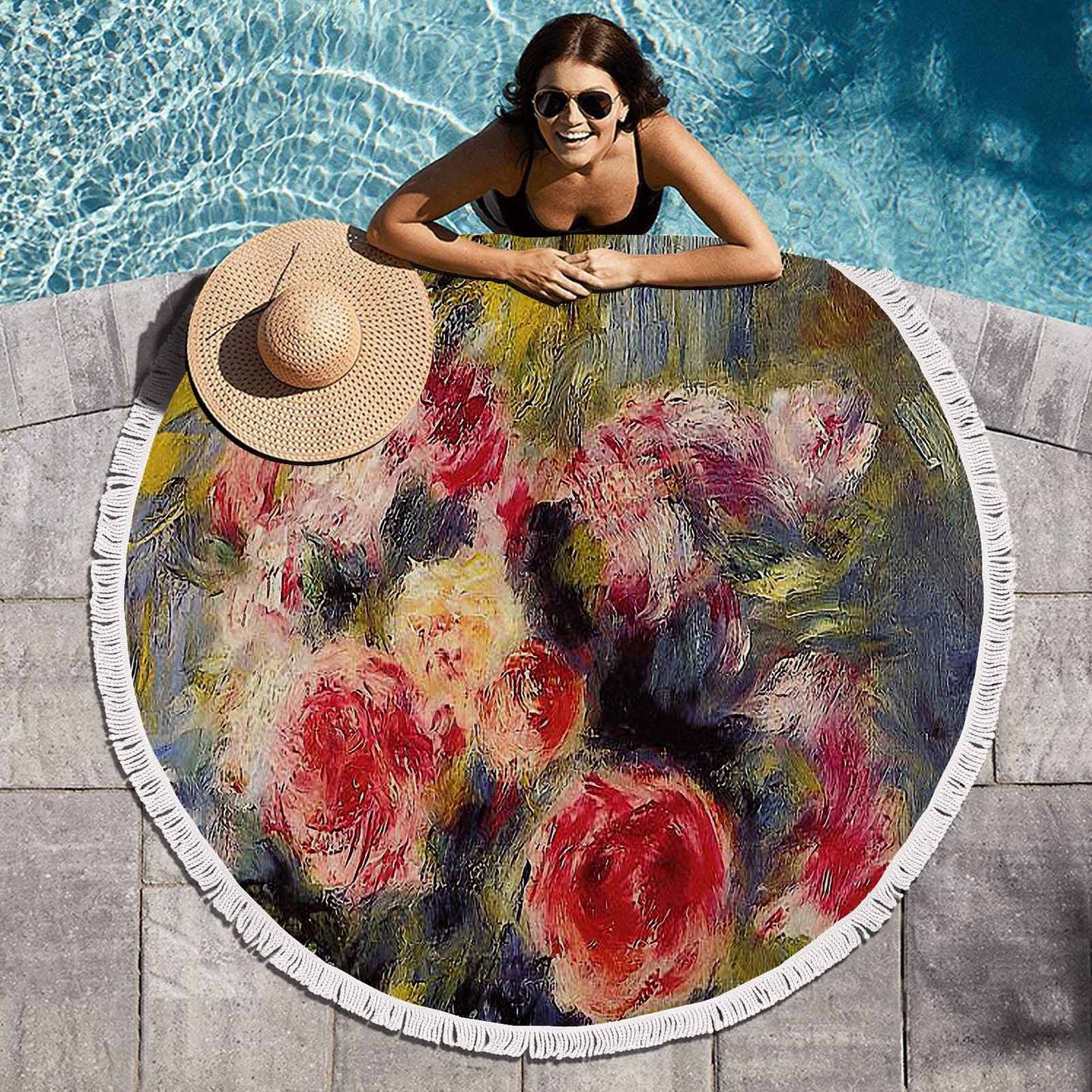 Vintage Floral circular plush beach towel, fringe edges, Design 26