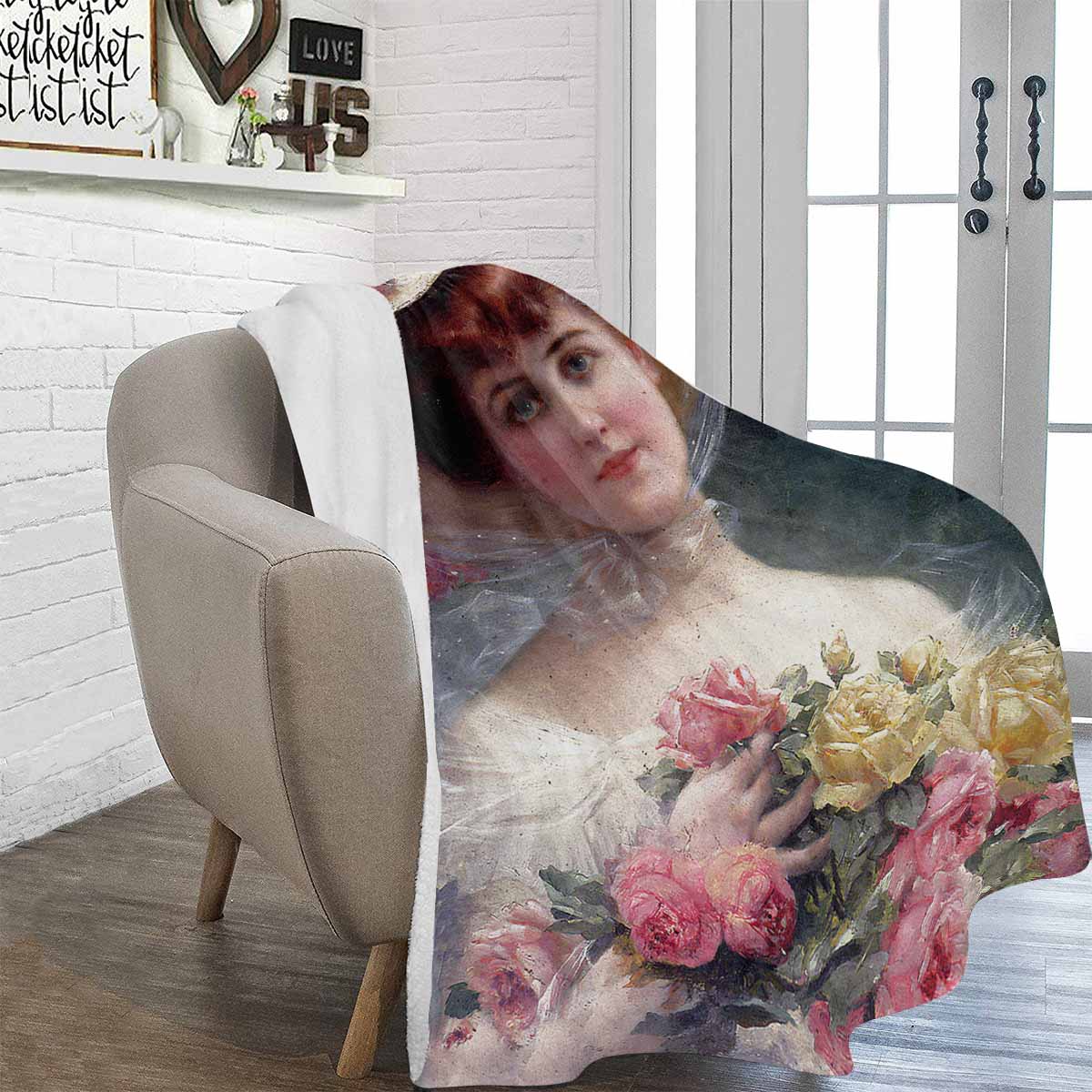 Victorian Lady Design BLANKET, LARGE 60 in x 80 in, BEAUTY WITH FLOWERS