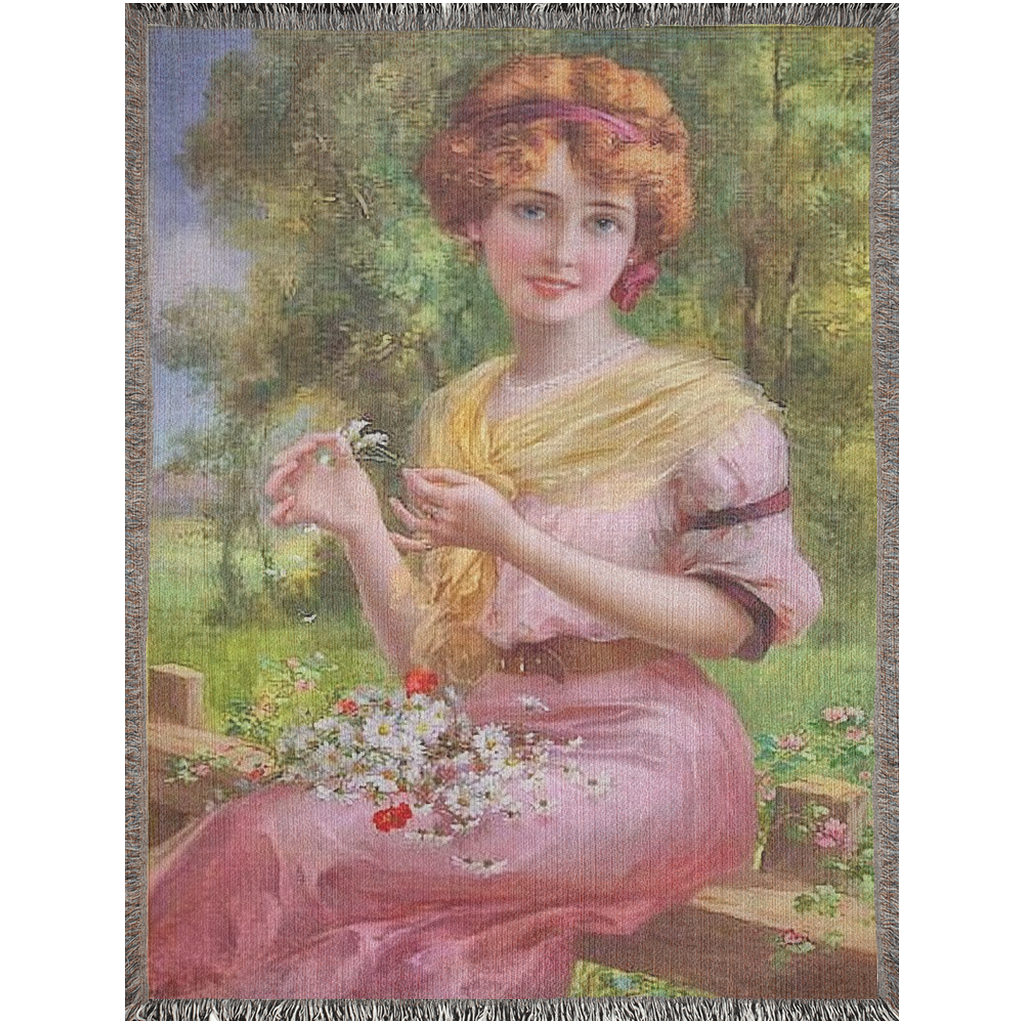 100% cotton Victorian Lady design design woven blanket, 50 x 60 or 60 x 80in, lady in pink