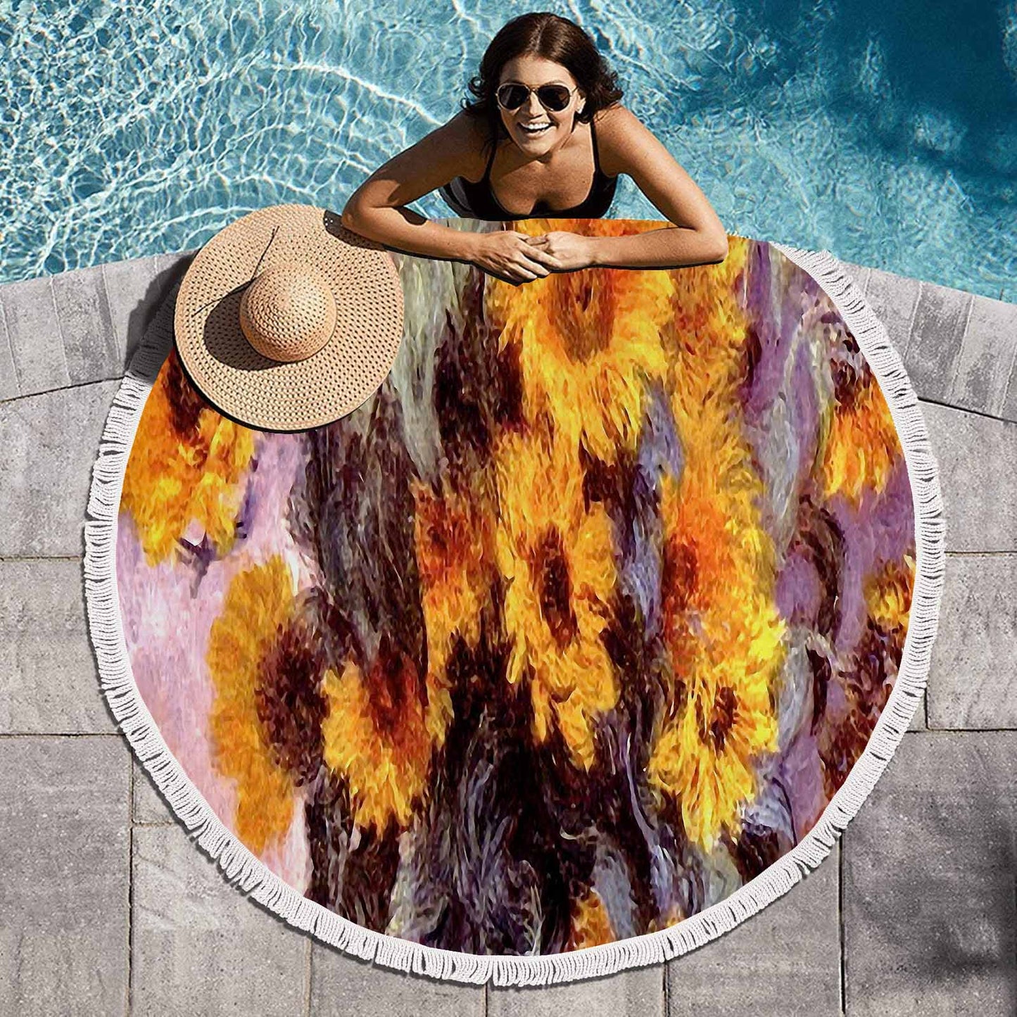 Vintage Floral circular plush beach towel, fringe edges, Design 49