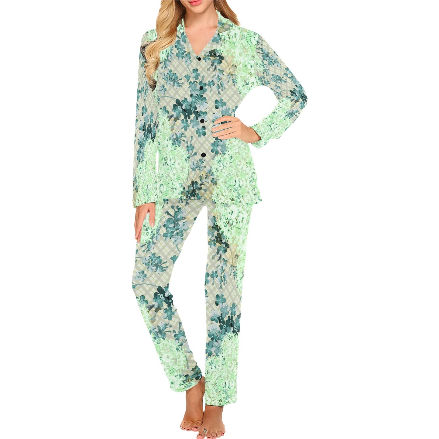 Victorian printed lace pajama set, design 53 Women's Long Pajama Set (Sets 02)