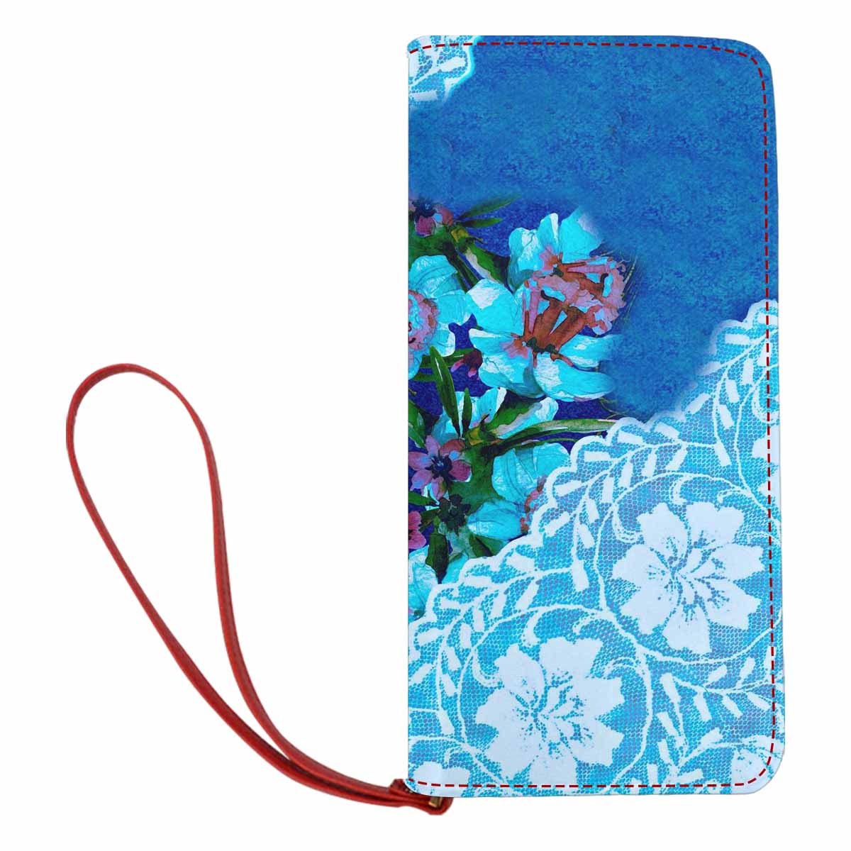 Victorian lace print womens wallet, clutch purse, red trim, design 49