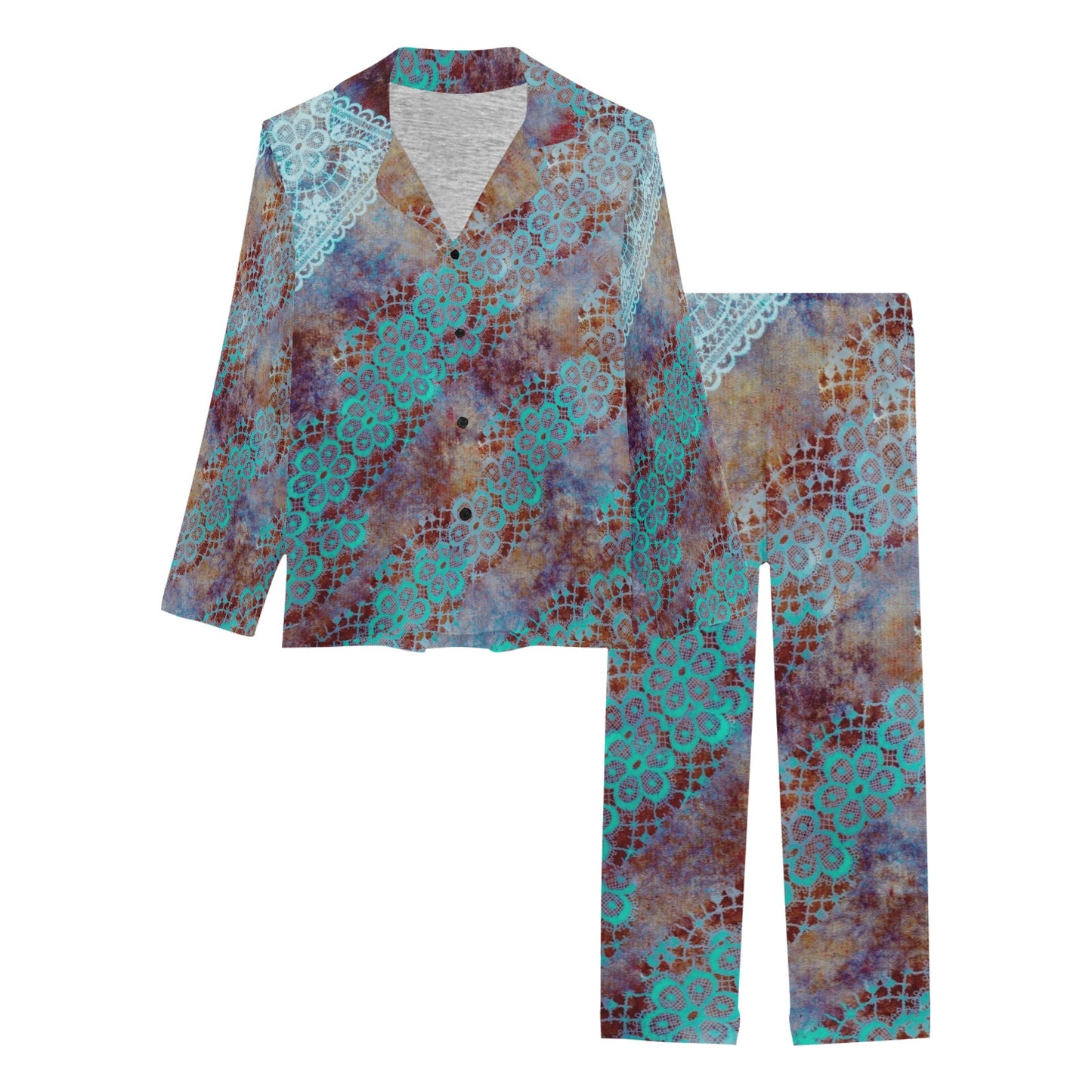 Victorian printed lace pajama set, design 37 Women's Long Pajama Set (Sets 02)