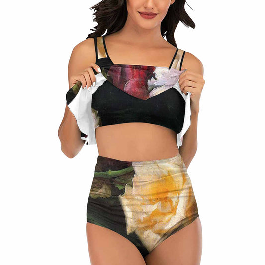 Vintage floral high waisted flounce top bikini, swim wear, Design 30