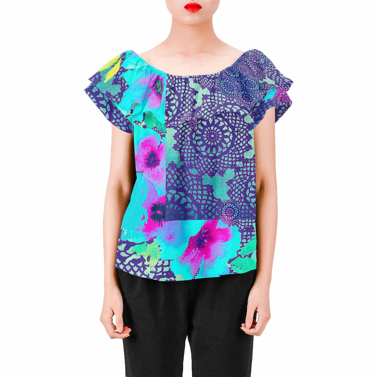 Victorian Lace print Chiffon Blouse, design 14