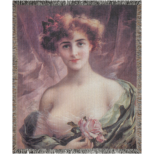 100% cotton Victorian Lady design design woven blanket, 50 x 60 or 60 x 80in, The Pink Rose