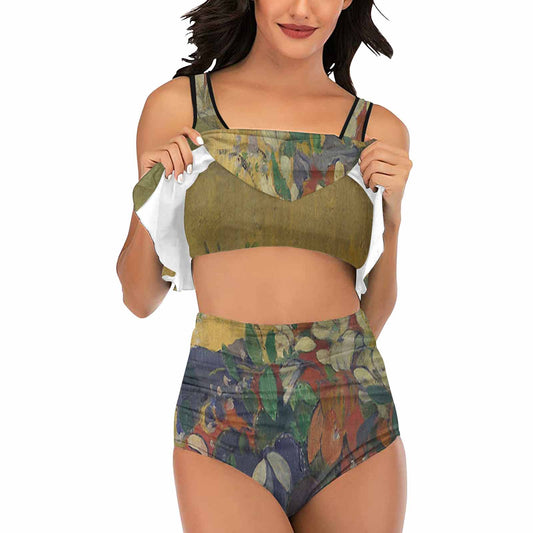 Vintage floral high waisted flounce top bikini, swim wear, Design 10