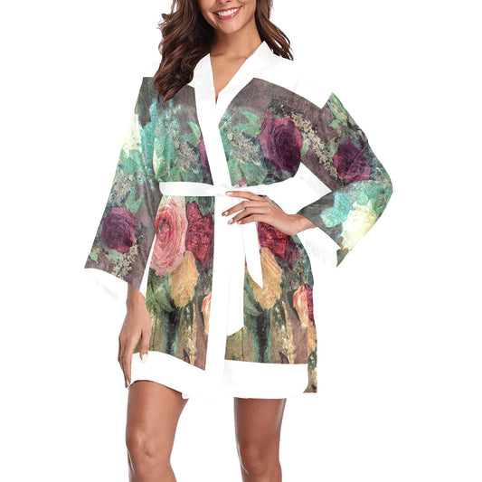 Vintage Floral Kimono Robe, Black or White Trim, Sizes XS to 2XL, Design 29