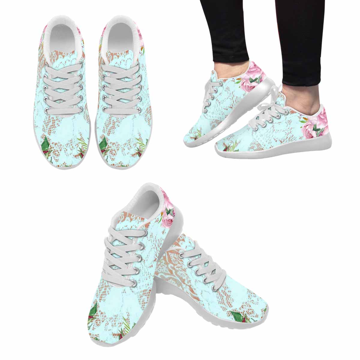 Victorian lace print, womens cute casual or running sneakers, design 24