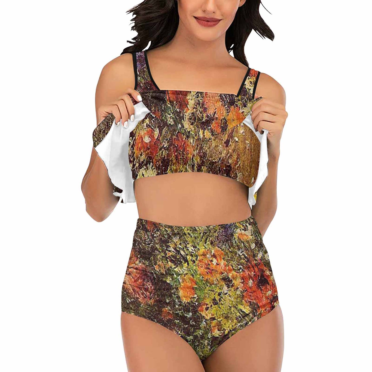 Vintage floral high waisted flounce top bikini, swim wear, Design 24
