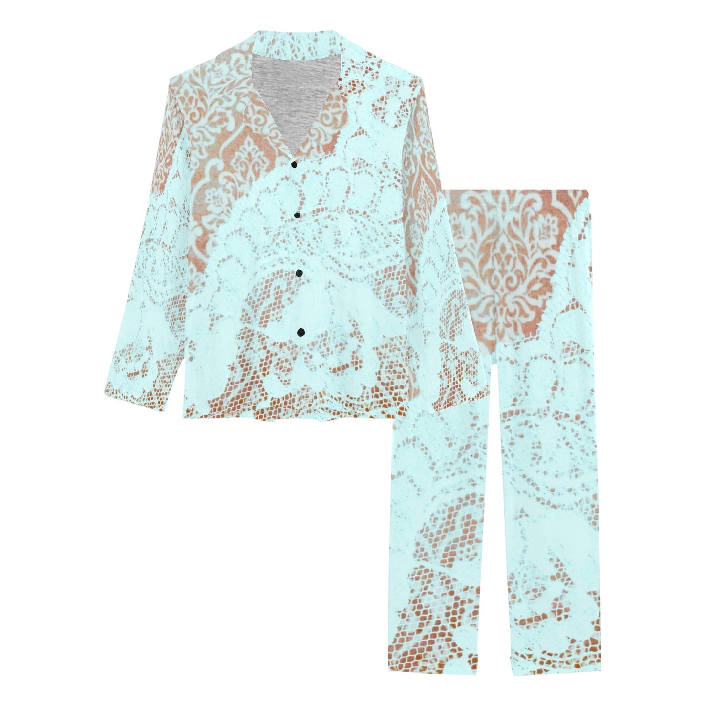 Victorian printed lace pajama set, design 23 Women's Long Pajama Set (Sets 02)