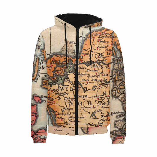Antique Map design, mens lightweight, warm, quilted hooded bomber jacket, design, 34