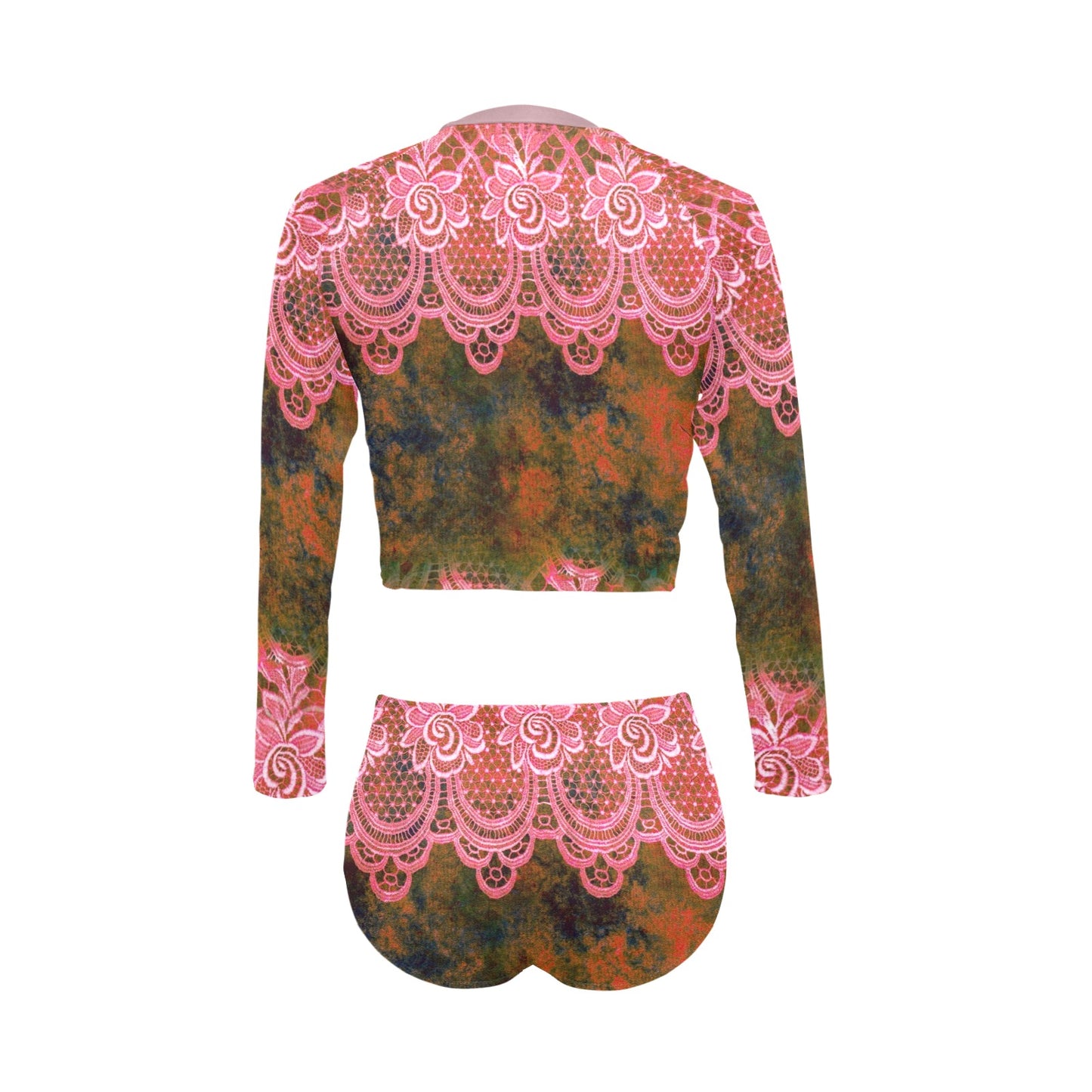 Victorian printed lace, long sleeve 2pc swimsuit, beachwear, design 32 Long Sleeve Bikini Set (Model S27)