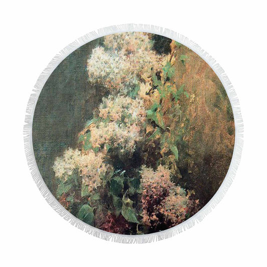 Vintage Floral circular plush beach towel, fringe edges, Design 34