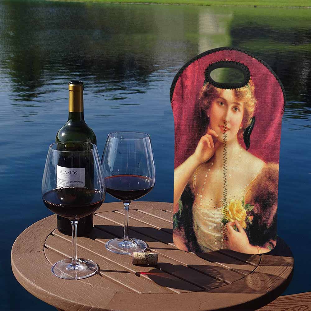Victorian lady design 2 Bottle wine bag, Elegant Lady with a YELLOW Roses