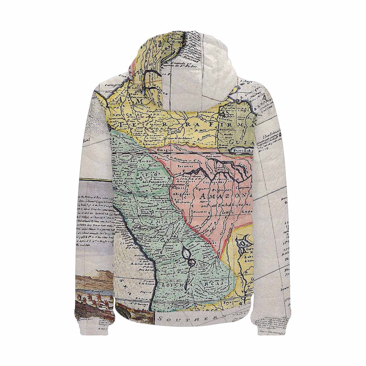 Antique Map design, mens lightweight, warm, quilted hooded bomber jacket, design, 40