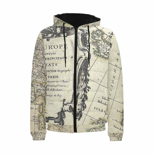 Antique Map design, mens lightweight, warm, quilted hooded bomber jacket, design, 3