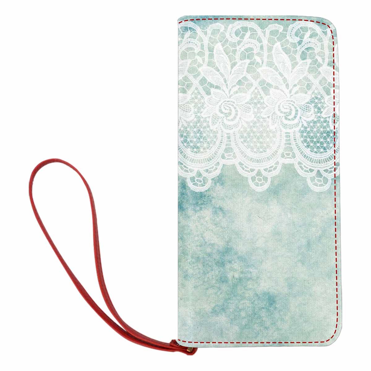 Victorian lace print womens wallet, clutch purse, red trim, design 41