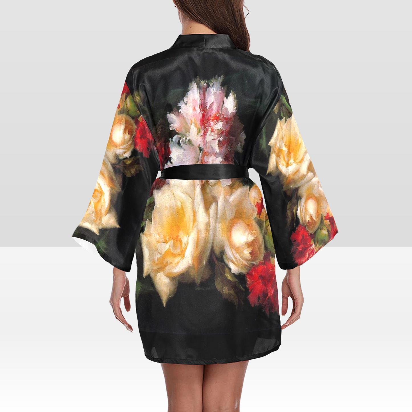 Vintage Floral Kimono Robe, Black or White Trim, Sizes XS to 2XL, Design 30