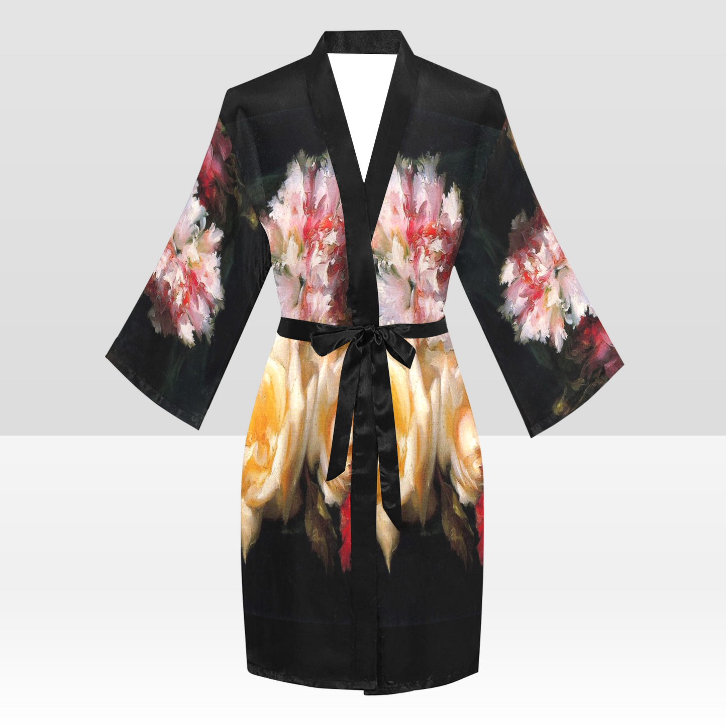 Vintage Floral Kimono Robe, Black or White Trim, Sizes XS to 2XL, Design 30