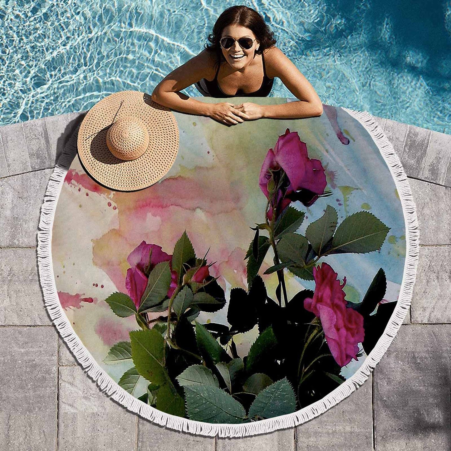 Vintage Floral circular plush beach towel, fringe edges, Design 21