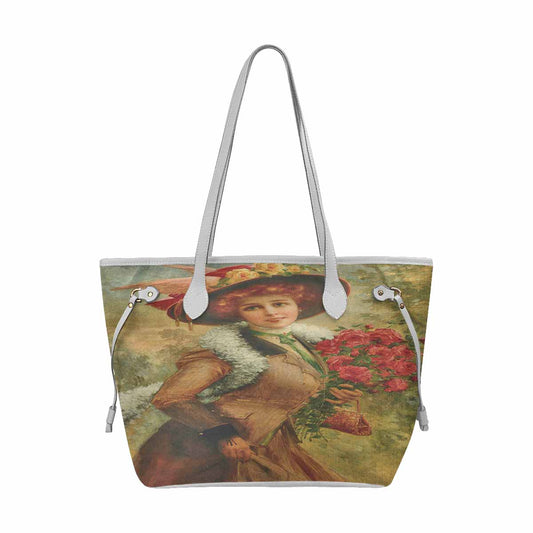 Victorian Lady Design Handbag, Model 1695361, Elegant Lady With A Bouquet of Roses, WHITE TRIM