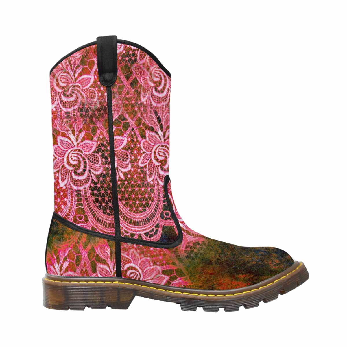 Victorian lace print, western lumber boots, design 32