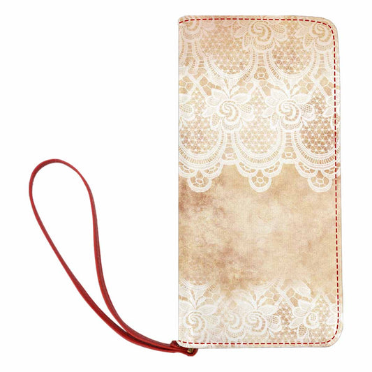 Victorian lace print womens wallet, clutch purse, red trim, design 30