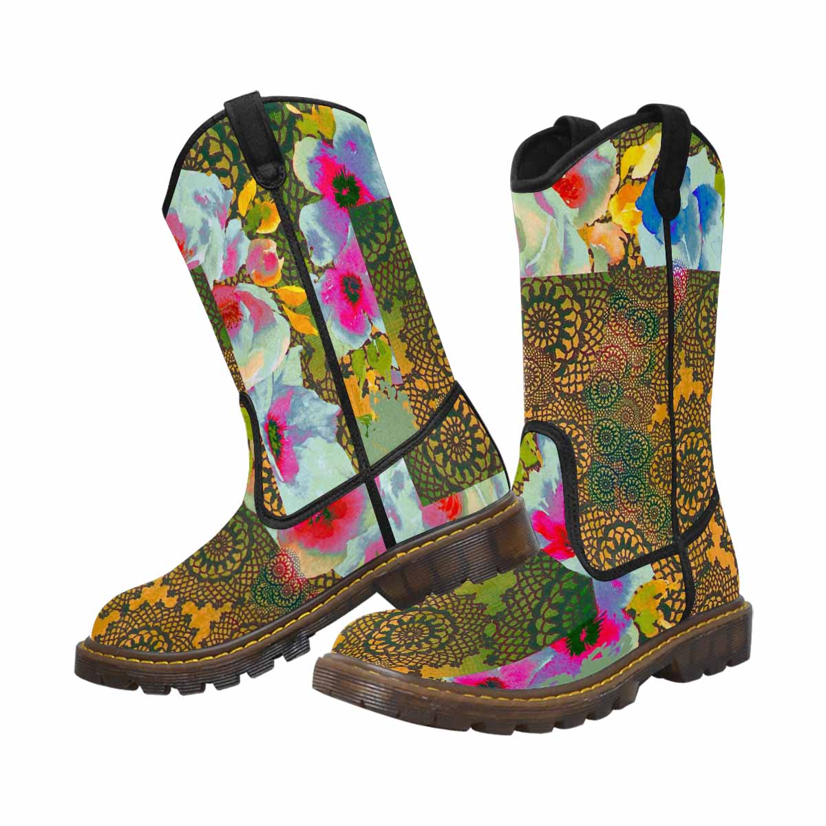 Victorian lace print, western lumber boots, design 15