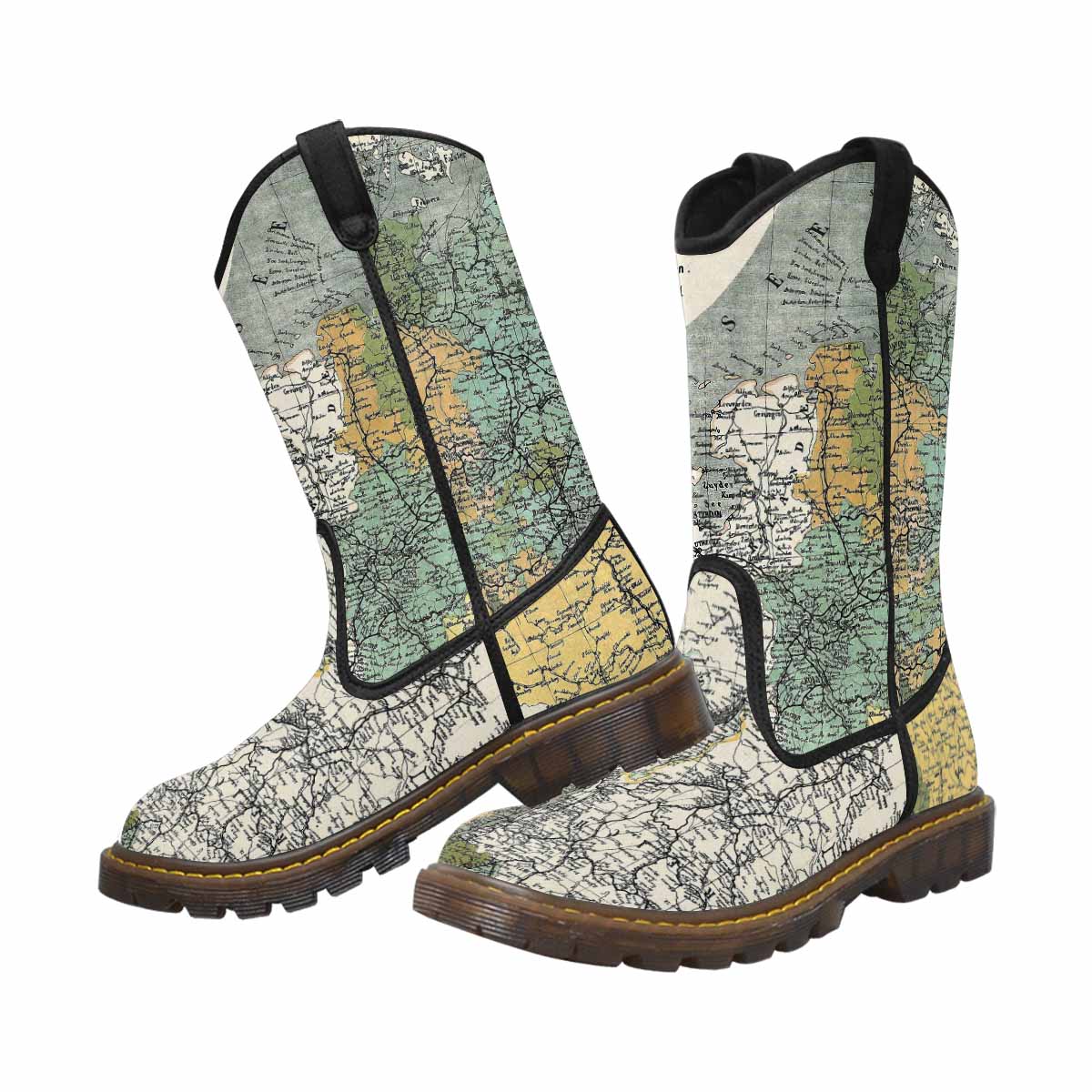 Antique Map design mens western lumber boots, Design 18
