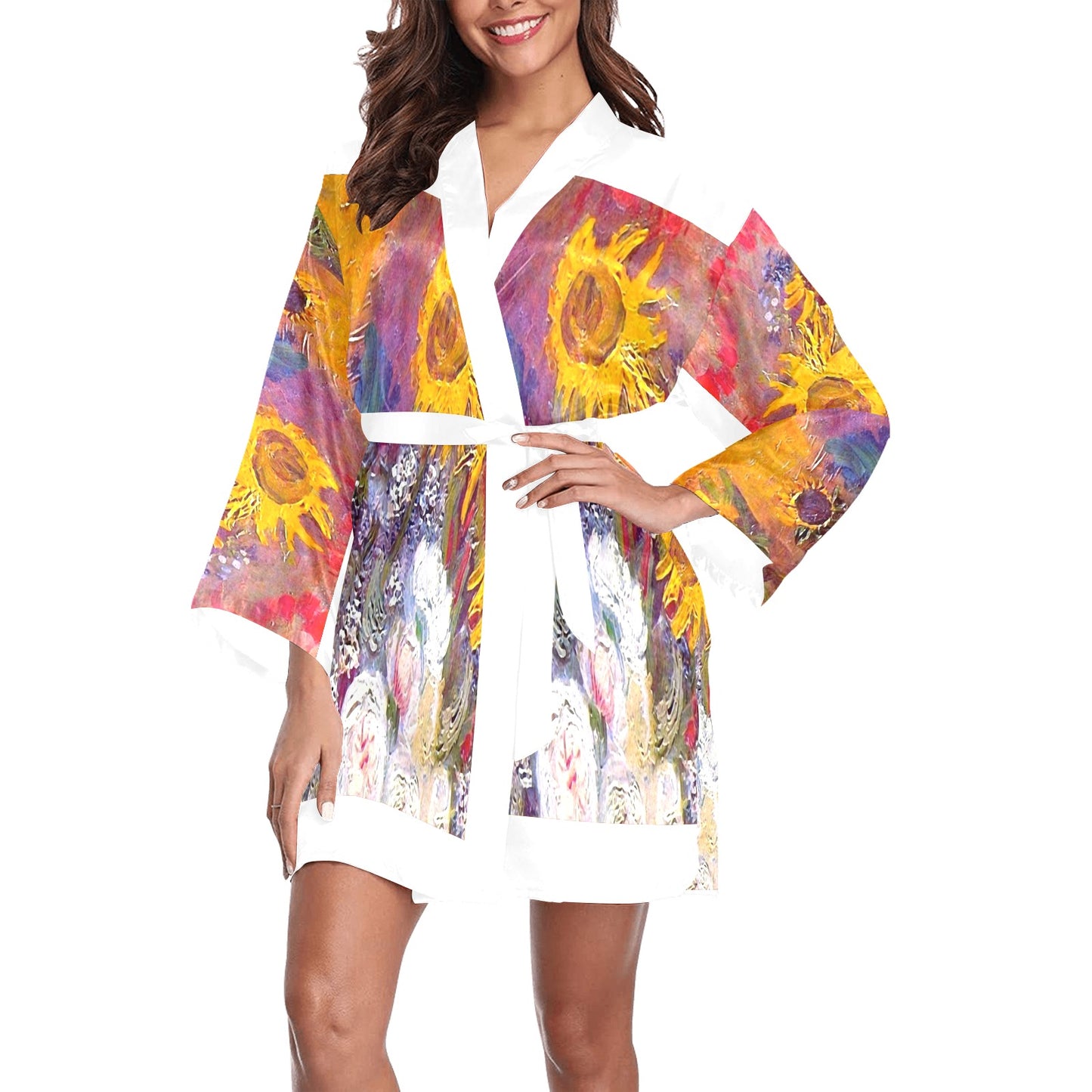 Vintage Floral Kimono Robe, Black or White Trim, Sizes XS to 2XL, Design 54
