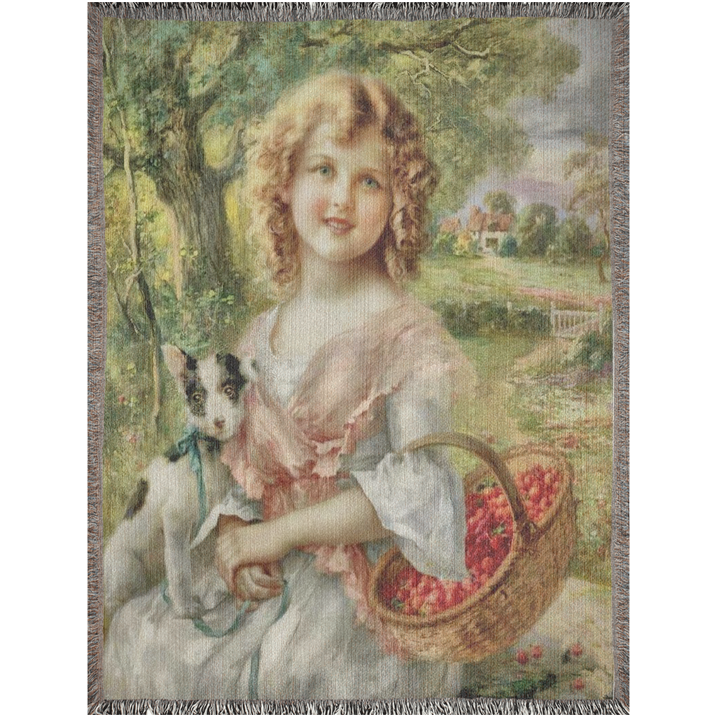 100% cotton Victorian Girl design woven blanket, 50 x 60 or 60 x 80in, Girl with Cherry