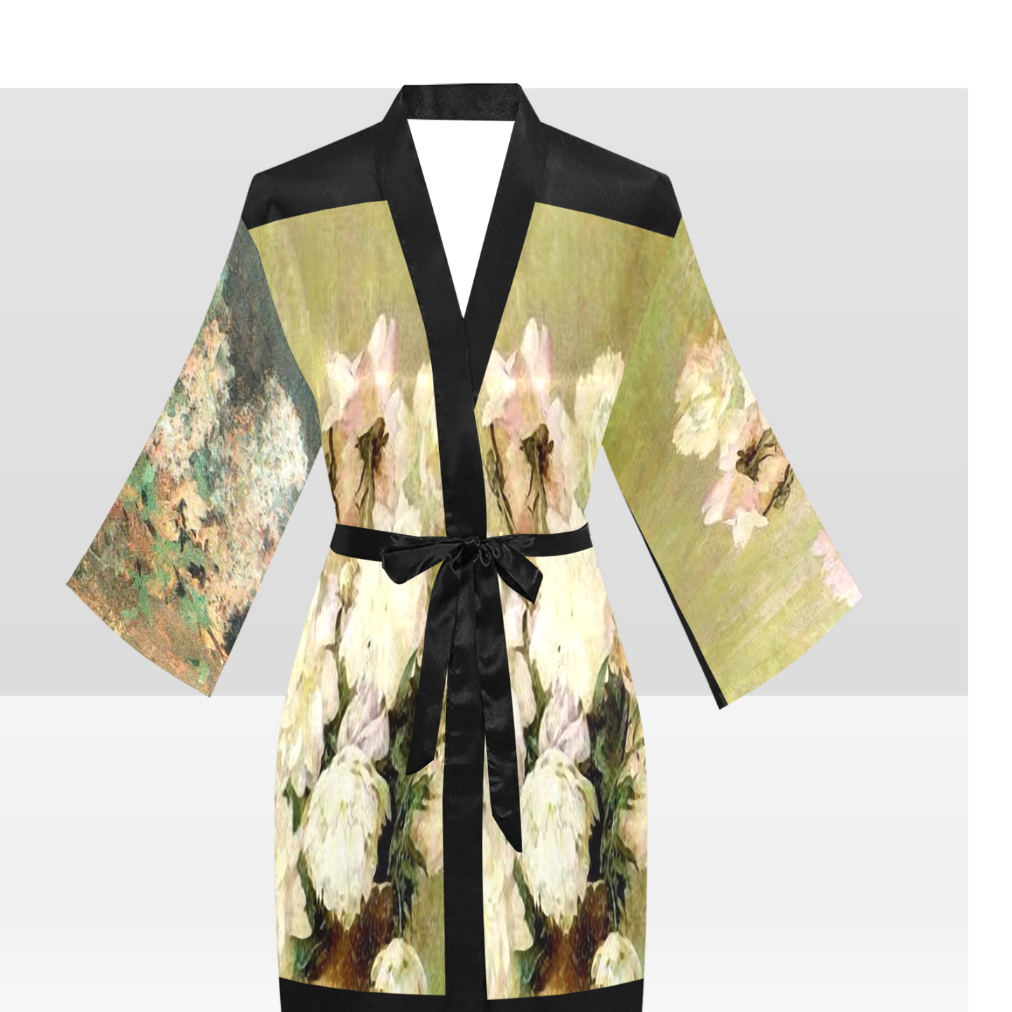 Vintage Floral Kimono Robe, Black or White Trim, Sizes XS to 2XL, Design 34