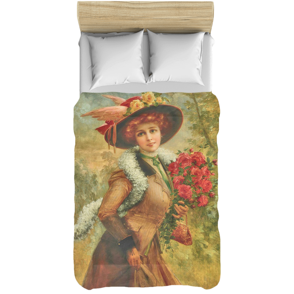 Victorian lady design comforter, twin, twin XL, queen or king, Elegant Lady with a Bouquet of Roses