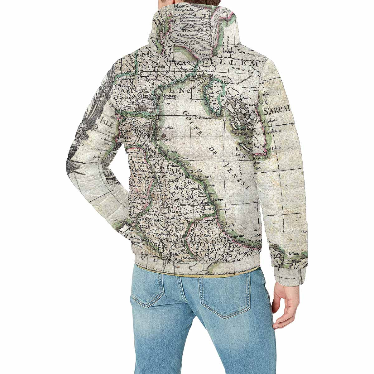 Antique Map design, mens lightweight, warm, quilted hooded bomber jacket, design, 6