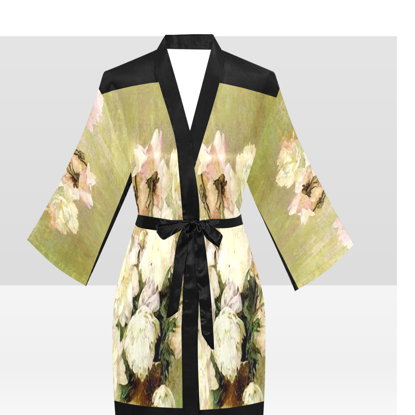 Vintage Floral Kimono Robe, Black or White Trim, Sizes XS to 2XL, Design 35