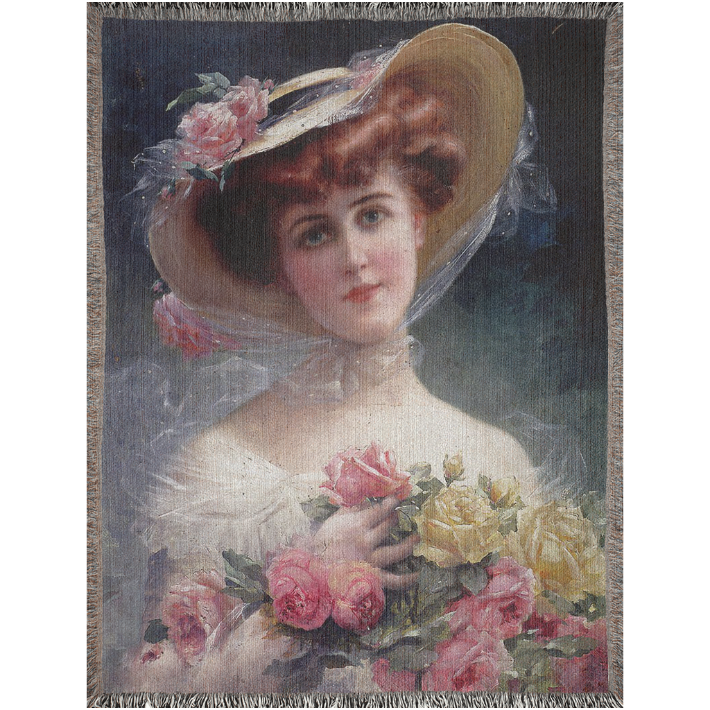 100% cotton Victorian Lady design design woven blanket, 50 x 60 or 60 x 80in, BEAUTY WITH FLOWERS