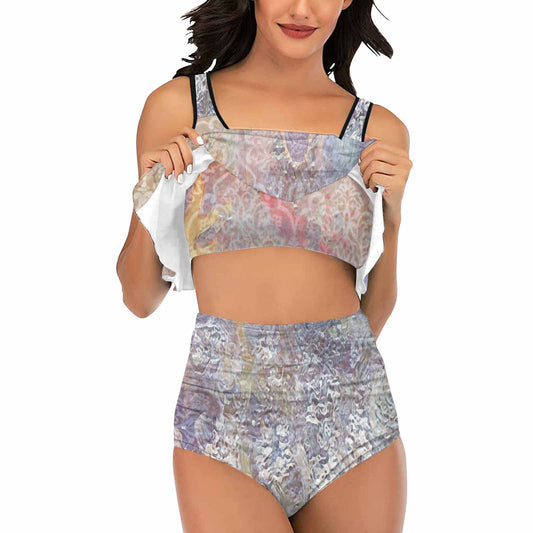 Vintage floral high waisted flounce top bikini, swim wear, Design 54x