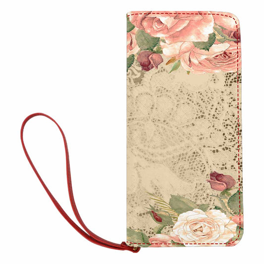 Victorian lace print womens wallet, clutch purse, red trim, design 25