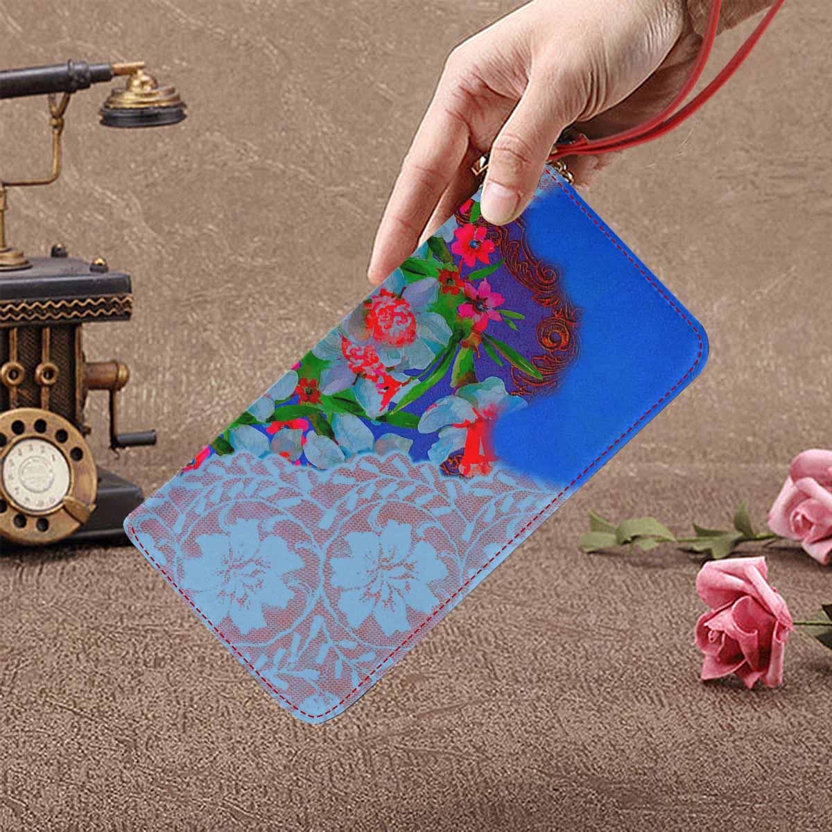 Victorian lace print womens wallet, clutch purse, red trim, design 46