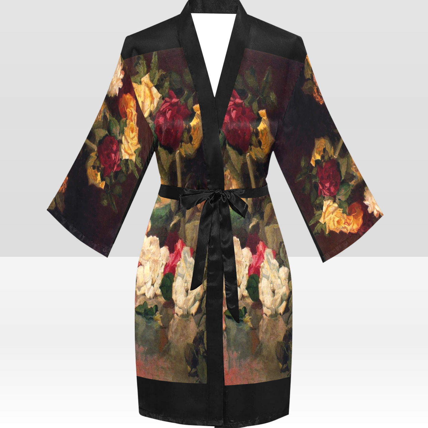 Vintage Floral Kimono Robe, Black or White Trim, Sizes XS to 2XL, Design 37