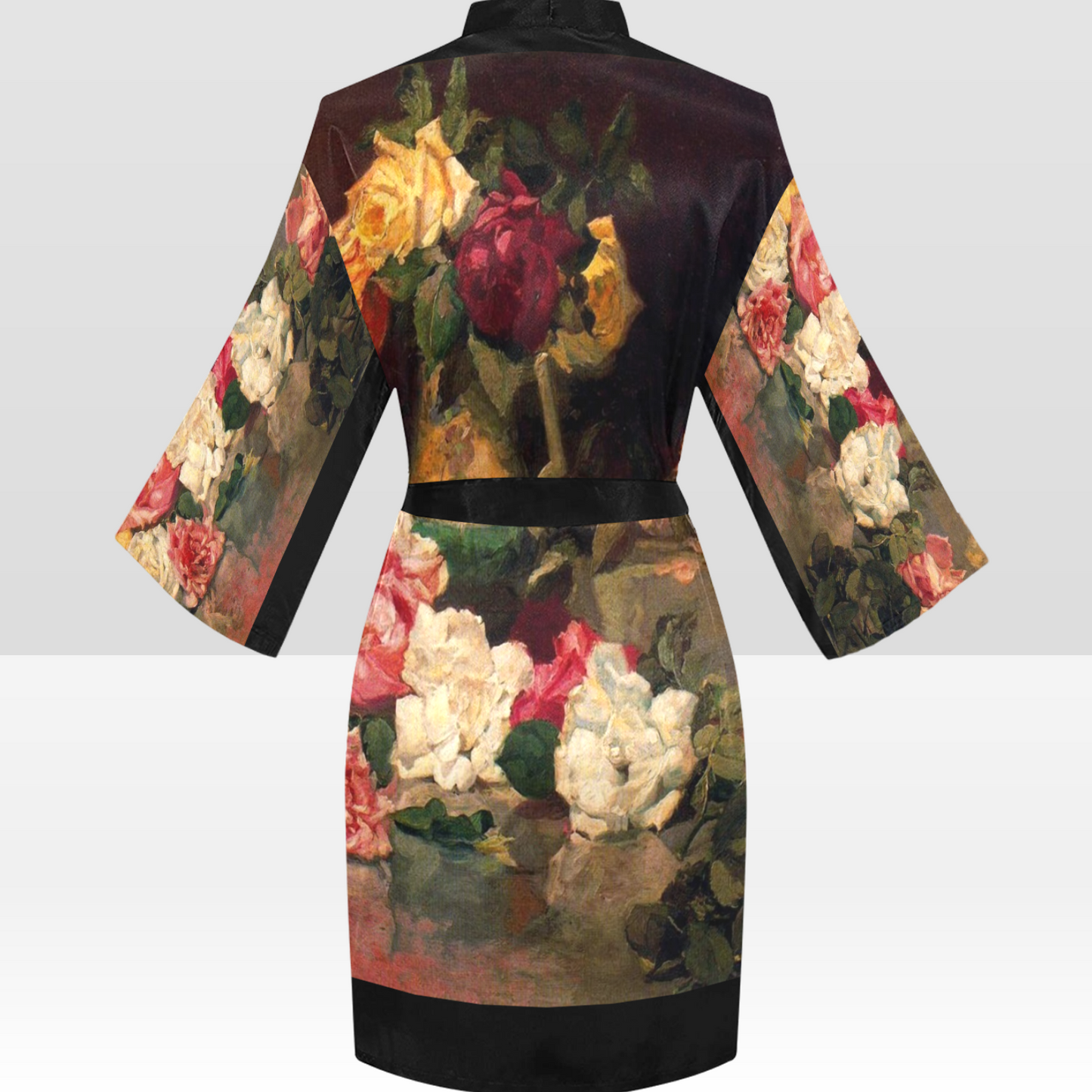 Vintage Floral Kimono Robe, Black or White Trim, Sizes XS to 2XL, Design 37