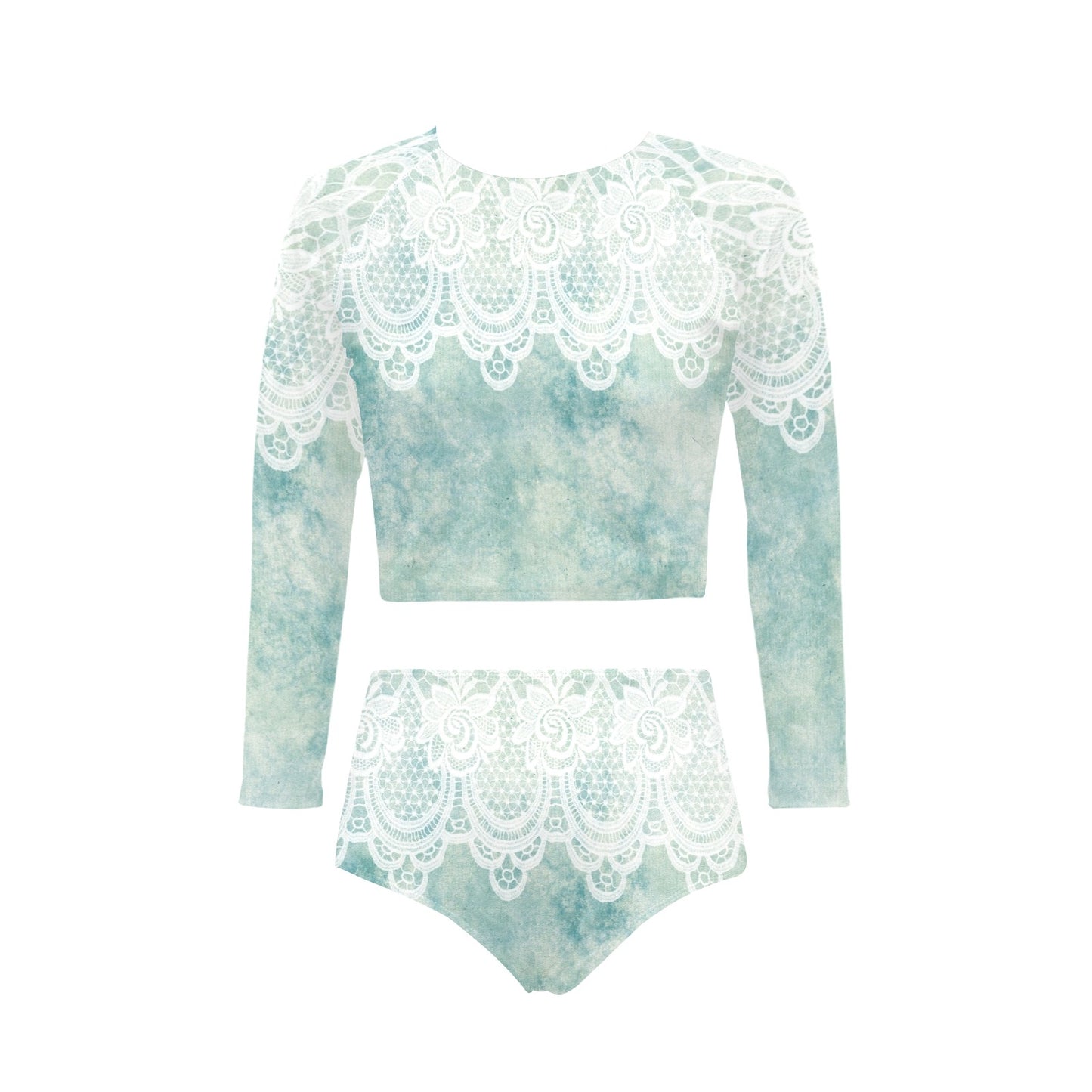 Victorian printed lace, long sleeve 2pc swimsuit, beachwear, design 41 Long Sleeve Bikini Set (Model S27)